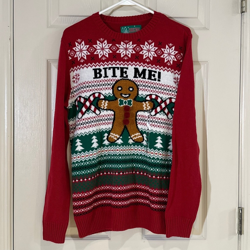 Ugly Christmas Sweater Bite Me Gingerbread Man Red Knit Holiday Pullover Small